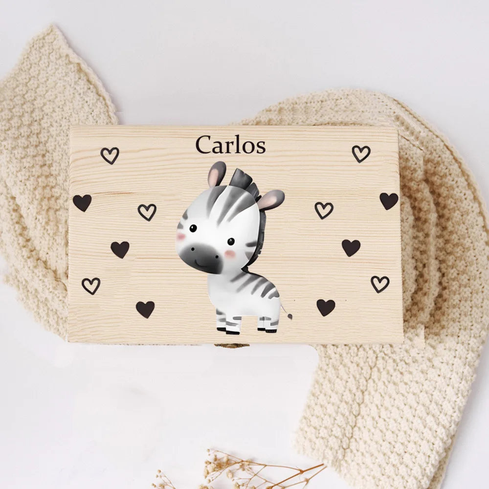Personalisierte Holzbox mit Tiermotiv & Namen – Erinnerungsbox / Aufbewahrungsbox für Kinder