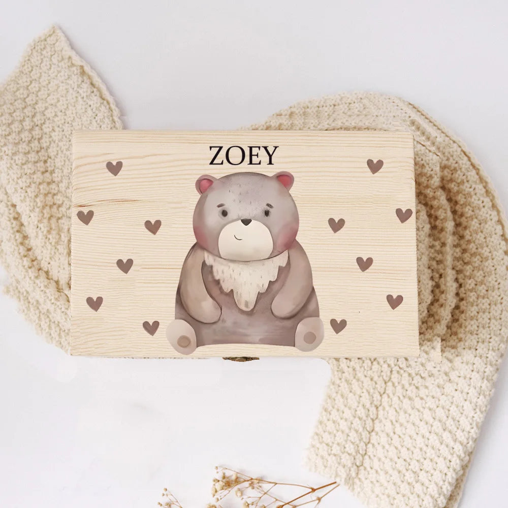 Personalisierte Holzbox mit Tiermotiv & Namen – Erinnerungsbox / Aufbewahrungsbox für Kinder