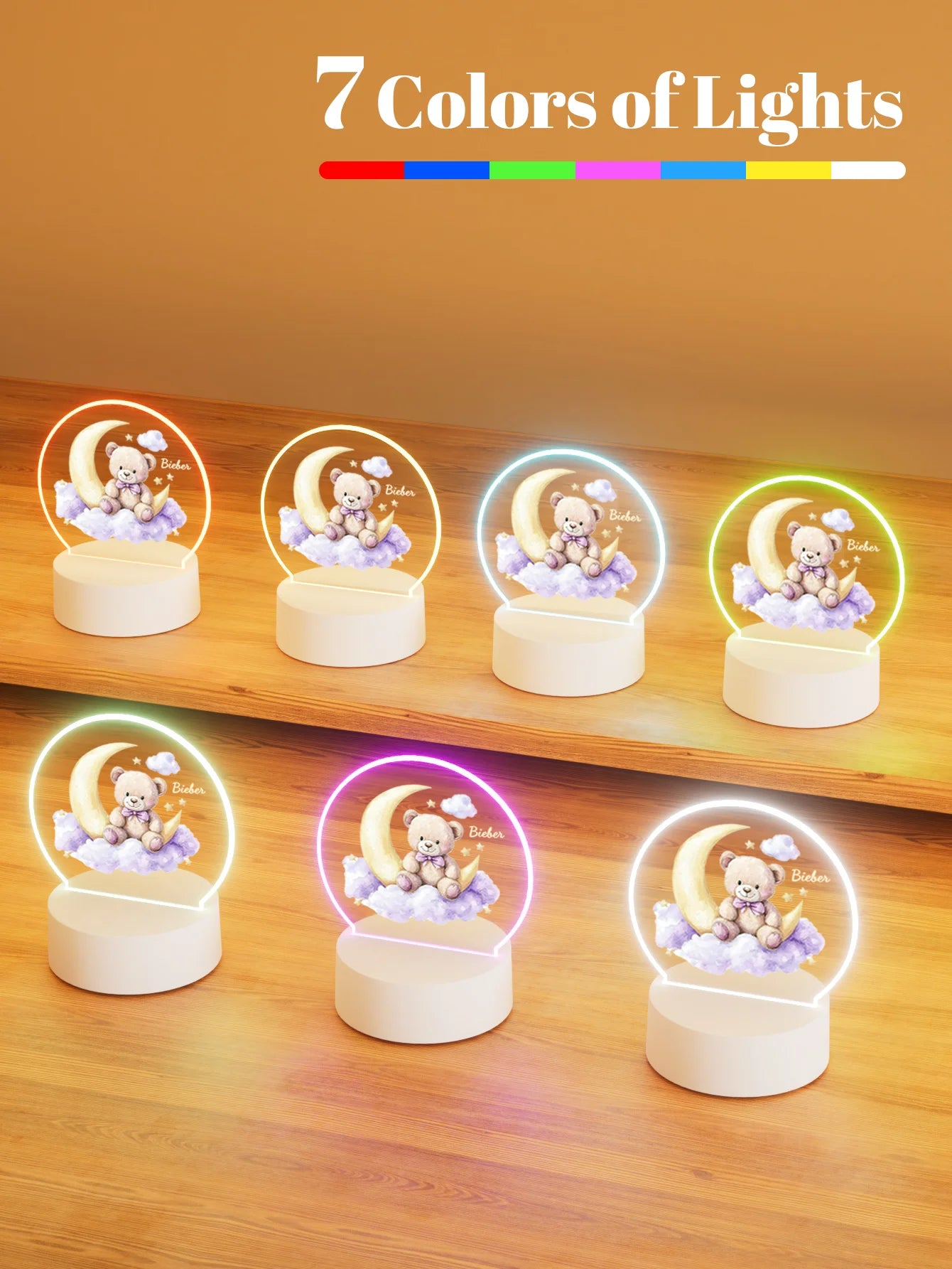 Personalisierte LED Nachtlampe mit Namen – Bär auf Mond | 7 Farben & Warmlicht | USB betrieben