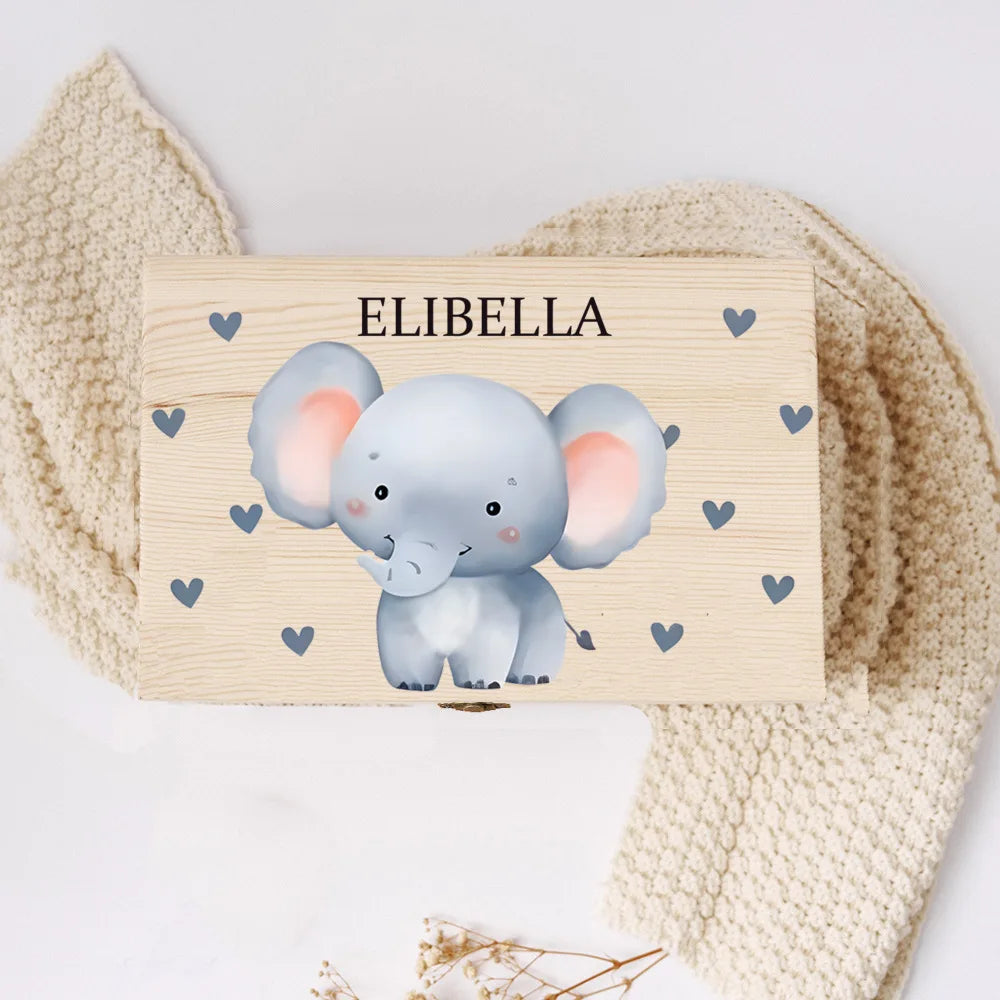 Personalisierte Holzbox mit Tiermotiv & Namen – Erinnerungsbox / Aufbewahrungsbox für Kinder