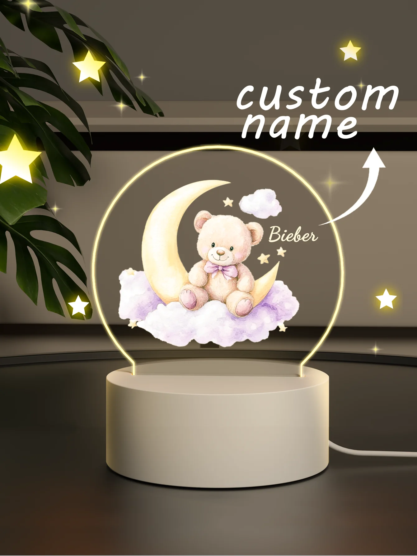 Personalisierte LED Nachtlampe mit Namen – Bär auf Mond | 7 Farben & Warmlicht | USB betrieben