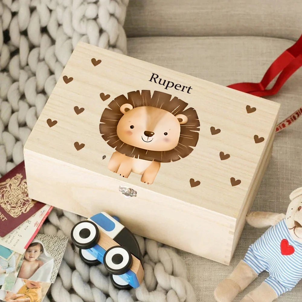 Personalisierte Holzbox mit Tiermotiv & Namen – Erinnerungsbox / Aufbewahrungsbox für Kinder