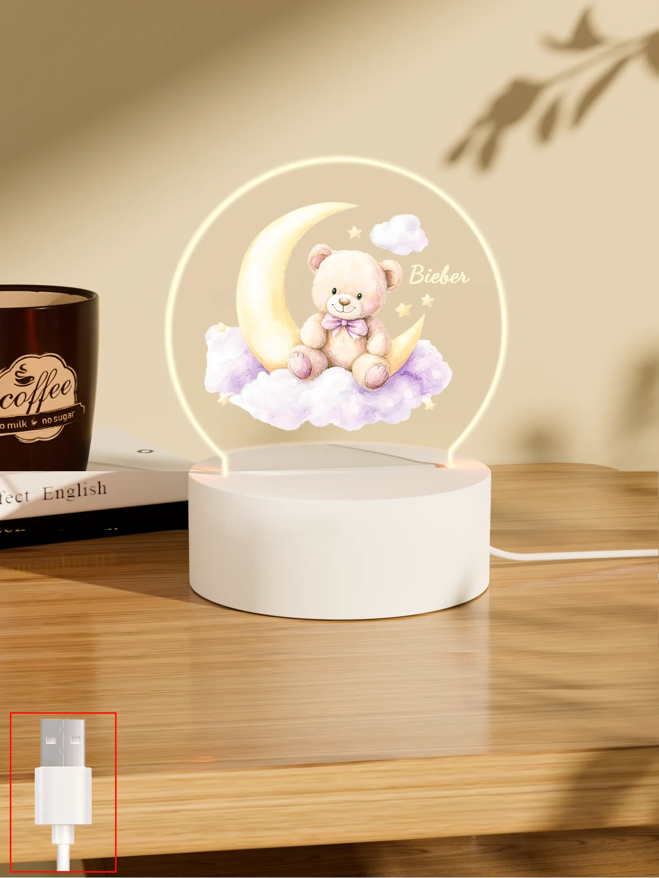 Personalisierte LED Nachtlampe mit Namen – Bär auf Mond | 7 Farben & Warmlicht | USB betrieben