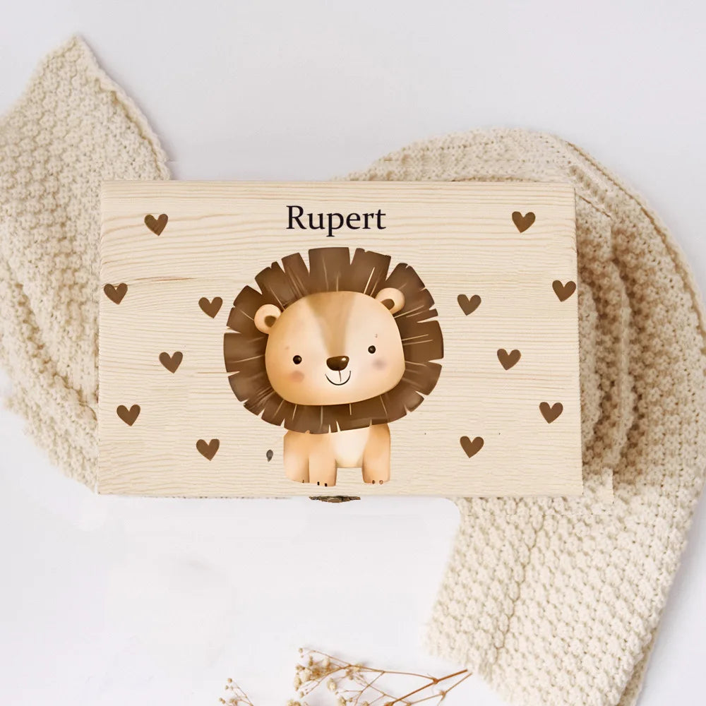 Personalisierte Holzbox mit Tiermotiv & Namen – Erinnerungsbox / Aufbewahrungsbox für Kinder