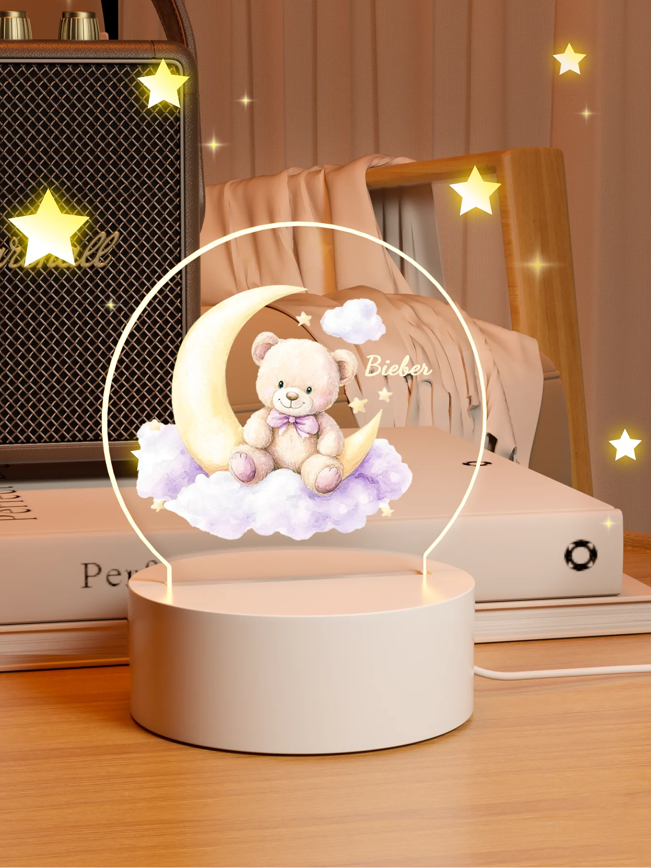 Personalisierte LED Nachtlampe mit Namen – Bär auf Mond | 7 Farben & Warmlicht | USB betrieben