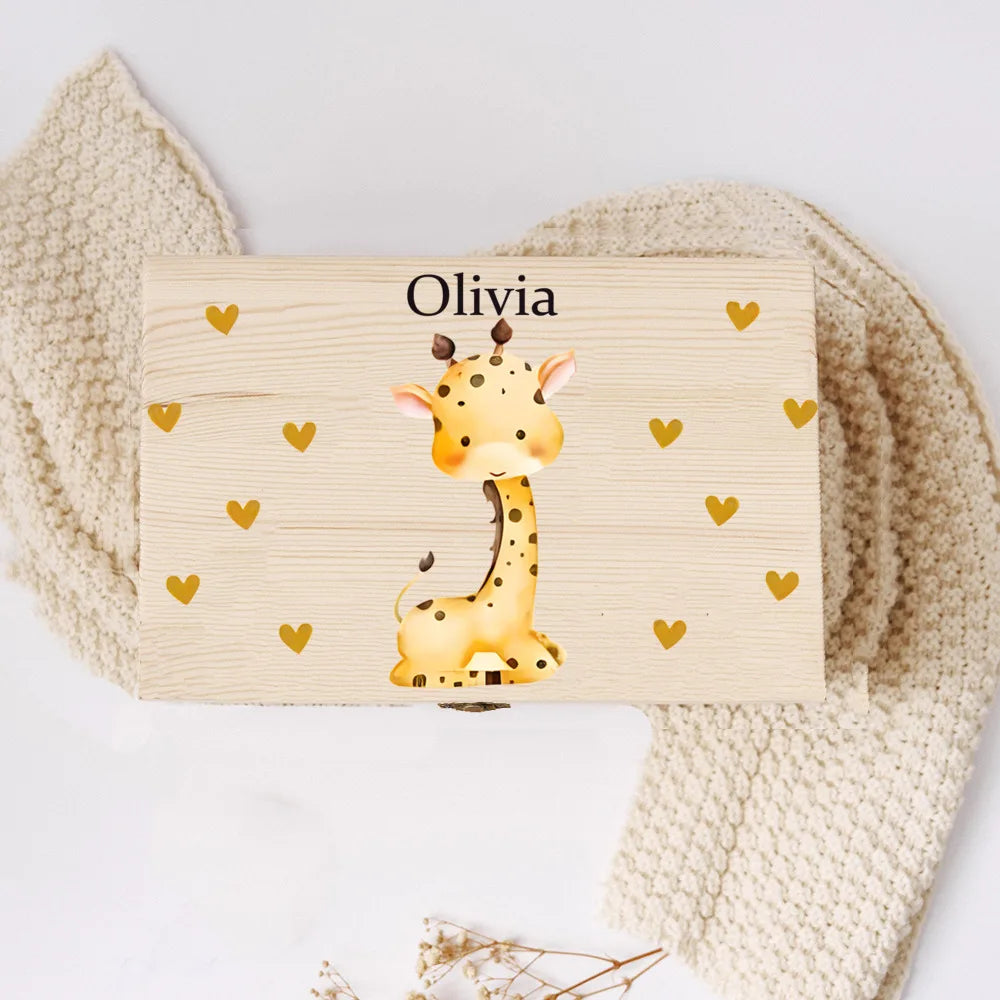 Personalisierte Holzbox mit Tiermotiv & Namen – Erinnerungsbox / Aufbewahrungsbox für Kinder